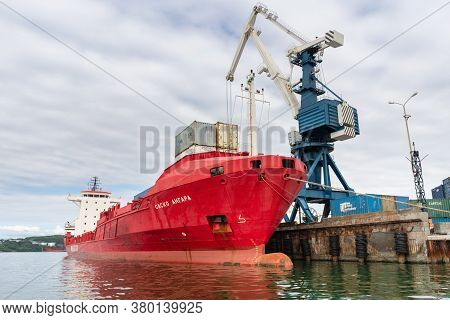 Portal Crane Unloading Russian Cargo Container Ship Sasco Angara Sakhalin Shipping Company At Pier C