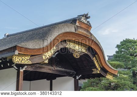 Kyoto, Japan Exterior Of Imperial Palace In Gyoen With Closeup Of Old Historic Architecture Wooden B