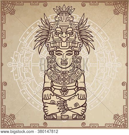 Linear Drawing: Decorative Image Of An Ancient Indian Deity. Magic Circle. A Background - Imitation 