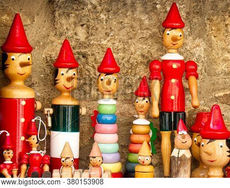 Traditional Wooden Pinocchio Toy From The Book Written By Carlo Collodi. Italy