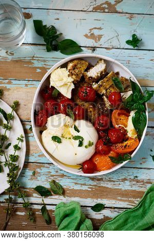 Chicken Satimbocca With Buratta..style Rustic. Selective Focus