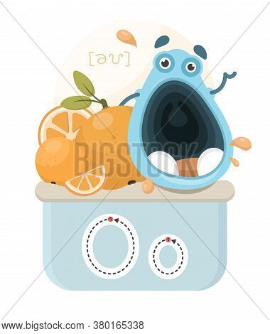 Learning The English Alphabet. Funny Cartoon Character With Oranges And Letter. The Way To Write A L