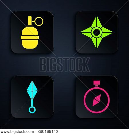 Set Compass, Hand Grenade, Japanese Ninja Shuriken And Japanese Ninja Shuriken. Black Square Button.
