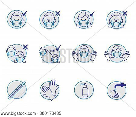 Covid-19 Line Icon Set On The Topic Of Coronovirus. Included Icons On How To Wear A Mask Correctly, 