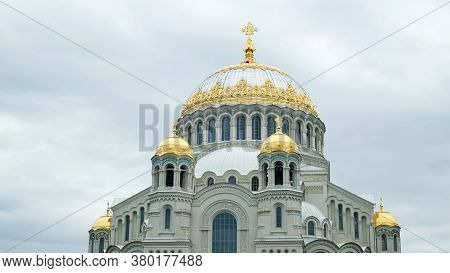 Naval Cathedral In Kronstadt, Saint Petersburg, Russia. Concept. Amazing Church With Gold Domes On C