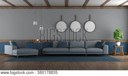 Blue And Gray Elegant Living Room With Sofa And Chaise Louge - 3d Rendering