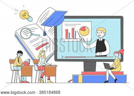 Students Learning Online Course Via Computer Flat Illustration. Teacher Explaining Lesson Or Course 