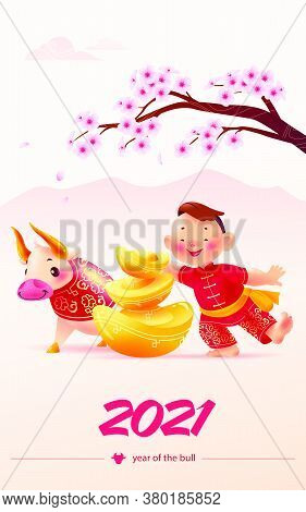 Chinese New Year Congratulation Card, Invitation, Calendar Design. Traditional Decor Elements Cherry