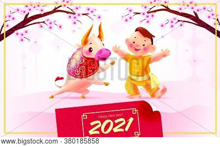 Chinese New Year Card, Invitation, Calendar Design With Traditional Decor Cherry Tree Branch In Bloo