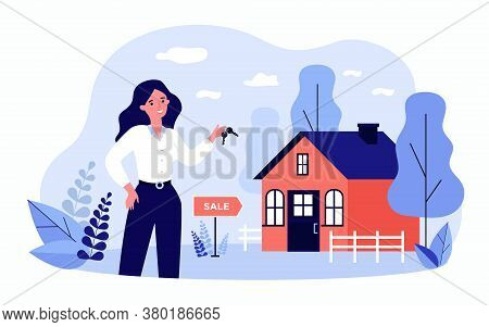 Woman Holding Keys From House For Sale And Smiling Isolated Flat Vector Illustration. Cartoon Realty