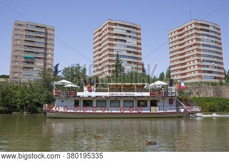 Valladolid, Spain - July 19th, 2020: Pisuerga River Tourist Boat. Valladolid, Spain