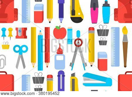 Back To School Pattern Seamless. Study Supplies Background. School Texture. Briefcase, Pencil And Er