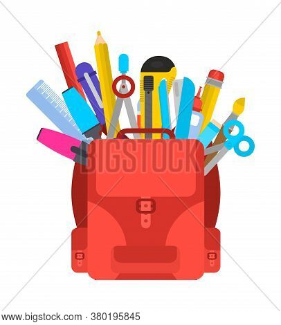 School Set. Study Supplies: Briefcase, Pencil And Eraser. Ruler And Pen. Kepler And Strong