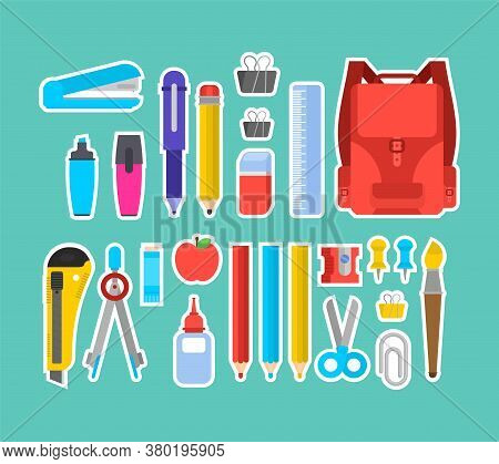 School Set. Study Supplies: Briefcase, Pencil And Eraser. Ruler And Pen. Kepler And Strong