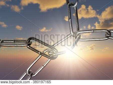 Breaking Chain Over Sunrise Background Sky With Clouds, Breaking Free, Freedom, Success Or Power Con