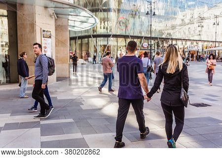 Budapest, Hungary. October 2019: Tourists And Visitors On The Vorosmarty Square In Budapest.