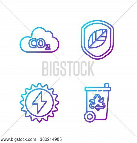 Set Line Recycle Bin With Recycle, Solar Energy Panel, Co2 Emissions In Cloud And Shield With Leaf. 