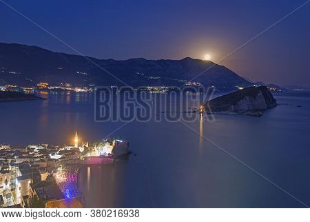 Full Moon Rise Above Budva Old City, Saint Nicholas Island And Adriatic Littoral, Night Cityscape, M