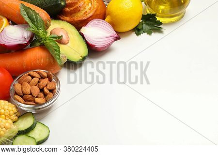 Different Food On White Background, Space For Text