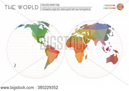 Low Poly World Map. Mollweide Projection Interrupted Into Two Hemispheres Of The World. Colorful Col