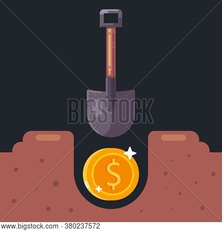 Dig An Old Coin In The Ground. Look For Treasures. Flat Vector Illustration.