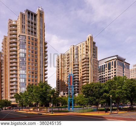 Reston, Va, Usa -- May 20, 2020. A Wide Angle Photo Of High Rise Condos In Affluent Reston, Va.