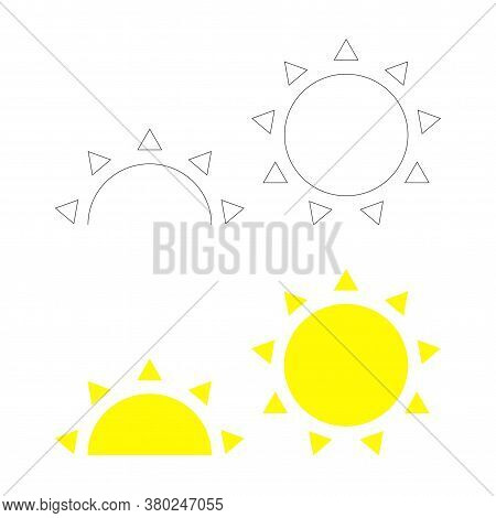 Outline Full And Halved Sun Icon. Sunset Sunrise. Sunshine Vector Symbol