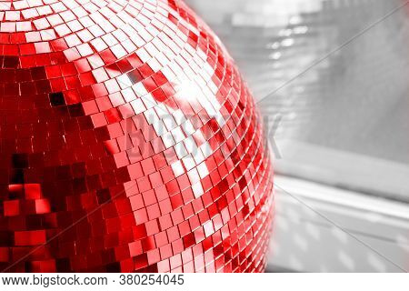 Red Disco Ball. Mirror Ball. Concept Of A Night Club Party, Club Life.