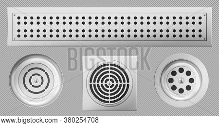Shower Drainage Holes With Stainless Covers Isolated On Transparent Background, Drain Sewers Of Roun
