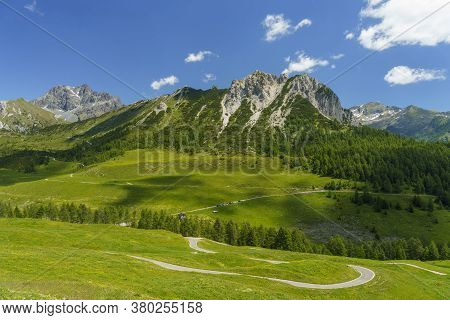 Mountain Landscape Along The Road To Crocedomini Pass, In The Brescia Province, Lombardy, Italy, At 