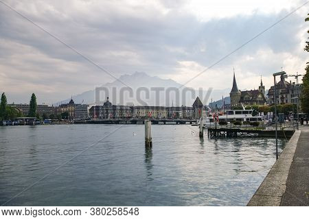 Lucerne, Switzerland - 20 August, 2010:  Luzern Medieval Town Panorama From Lucerne Harbour. Switzer