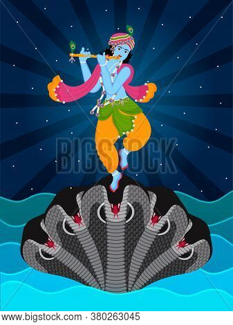 Illustration Of Happy Janmashtami Festival Of India. Paper Cut Origami Art, Lord Krishna Danceing An