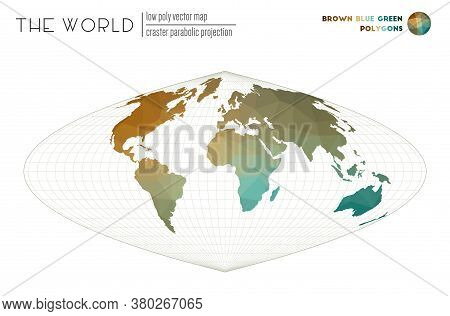 World Map With Vibrant Triangles. Craster Parabolic Projection Of The World. Brown Blue Green Colore