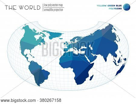 Triangular Mesh Of The World. Armadillo Projection Of The World. Yellow Green Blue Colored Polygons.