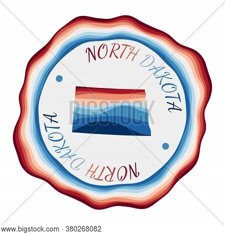 North Dakota Badge. Map Of The Us State With Beautiful Geometric Waves And Vibrant Red Blue Frame. V