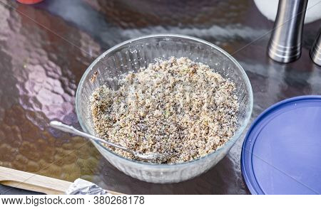 Bowl Of Brazilian Farofa Or Pacoca Nordestina On The Table At Dinner.