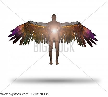 Angel being holds divine light. 3D rendering