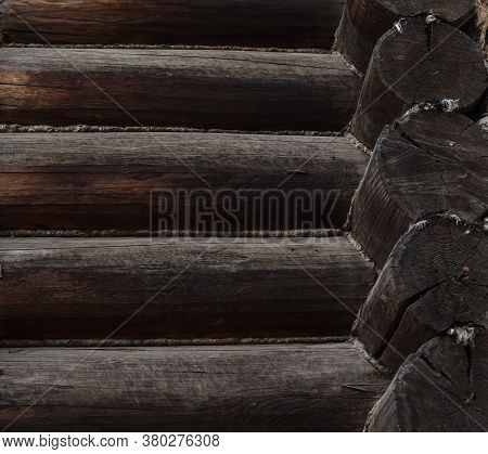 Wooden Cottage House Closeup. Russian Izba From Solid Wood