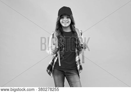 School Is Cool. Happy Child Back To School. School Girl Carry Backpack Pink Background. Elementary S