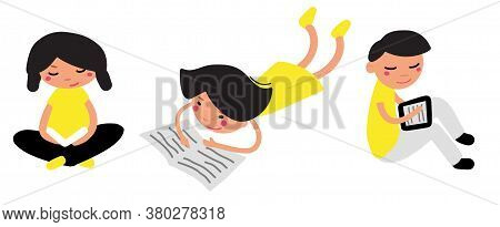 Children Reaing Books. Girls And A Boy Studing Vector Illustration