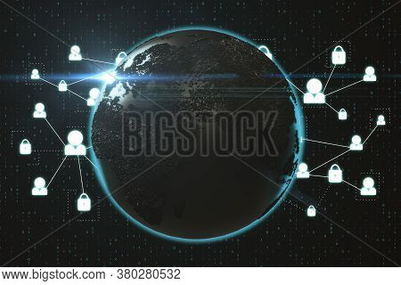 Digitall Screen With Blue Earth Globe And Communication Icons At Dark Background. World Business Con