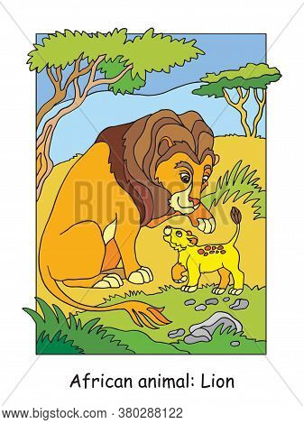 Vector Coloring Pages With Cute Lion Family In African Area. Cartoon Isolated Colorful Illustration.