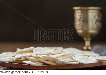 Cup Of Glass With Red Wine, Bread.