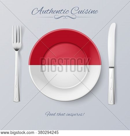Authentic Cuisine Of Monaco. Plate With Monacan Flag And Cutlery