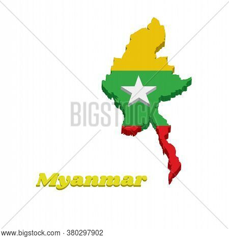 3d Map Outline And Flag Of Myanmarese In Red Green And Yellow Color And White Star With Name Text Of