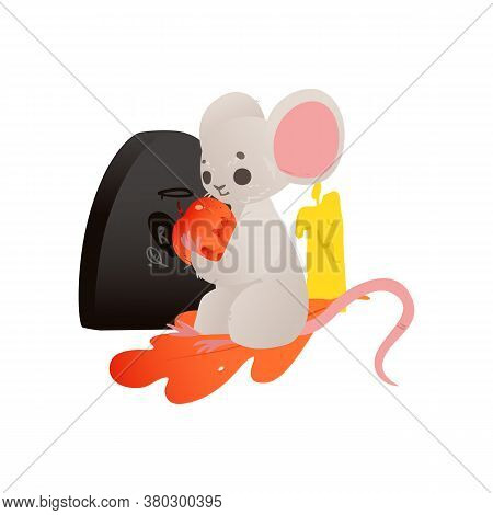 Halloween Card With Mouse At The Gravestone Flat Vector Illustration Isolated.