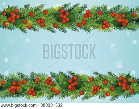 Christmas And New Year Holiday Decoration - Pine Tree Branches With Red Berries