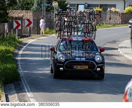 Krakow, Poland - August 4, 2018:  Team Vehicle On The Route Of Tour De Pologne Bicycle Race. Tdp Is 