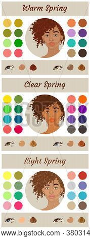 Stock Vector Seasonal Color Analysis Palettes For Spring Type Of Female Appearance. Best Colors For 