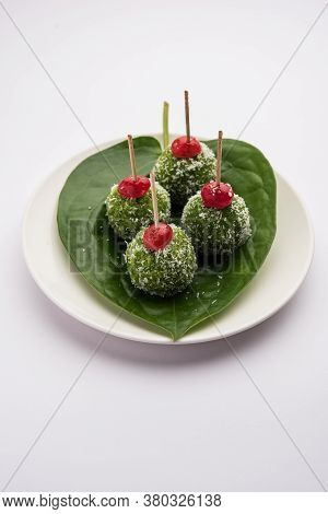 Paan Coconut Laddu Is Indian Sweet Made Using Betel Leaves And Nariyal